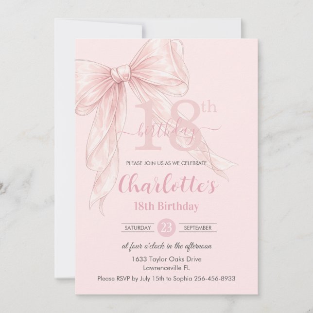 Invitación Cinta de lazo rosa Coquette Blush para 18 cumpleañ (Anverso)