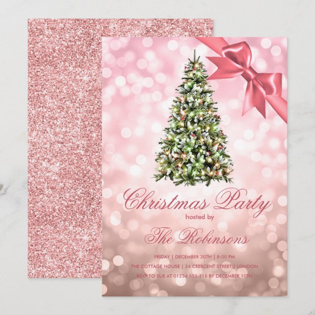 Invitación Cinta de luz de árbol de navidad de oro de Fiesta  (Anverso / Reverso)