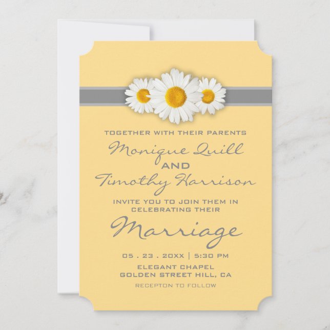 Invitación Cinta de margarita - Boda amarilla gris y blanca (Anverso)