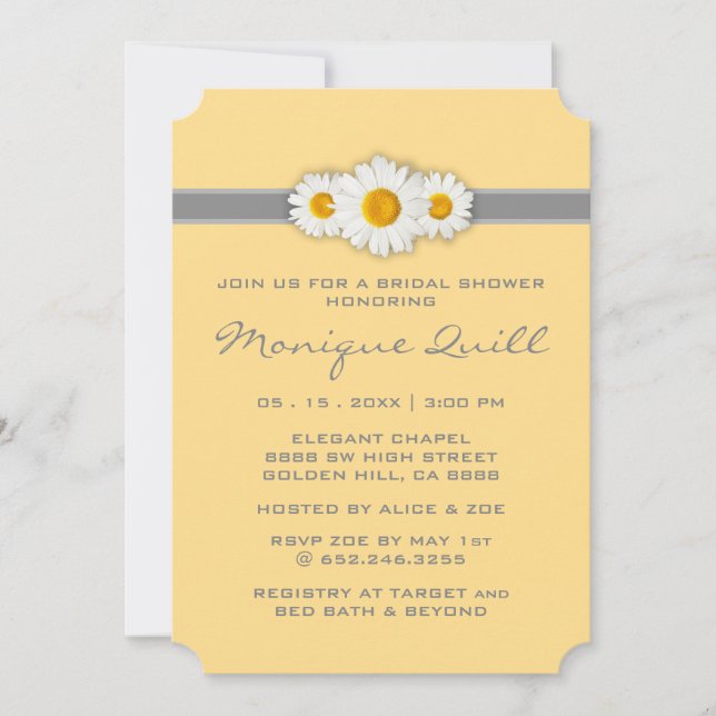 Invitación Cinta de margarita - Ducha de novia amarilla y gri (Anverso)