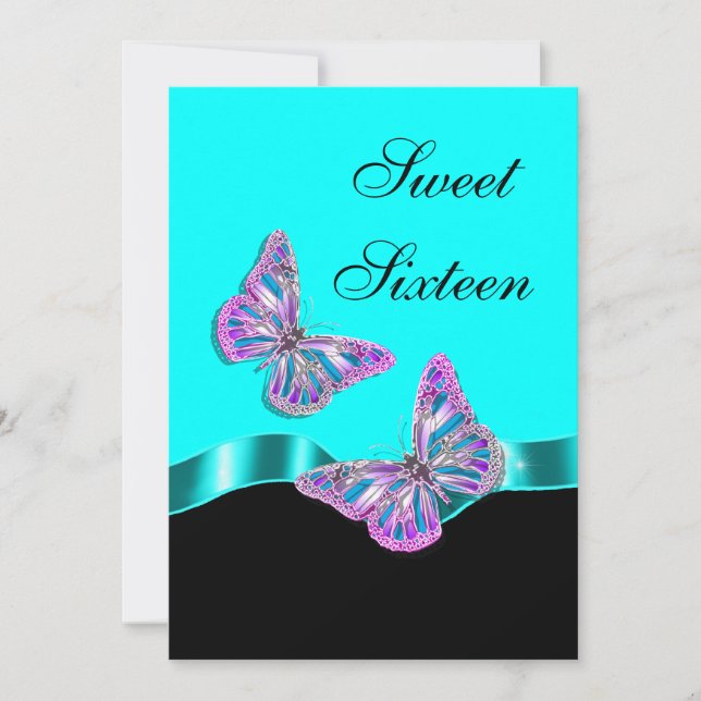 Invitación Cinta de mariposa negra rosa azul (Anverso)