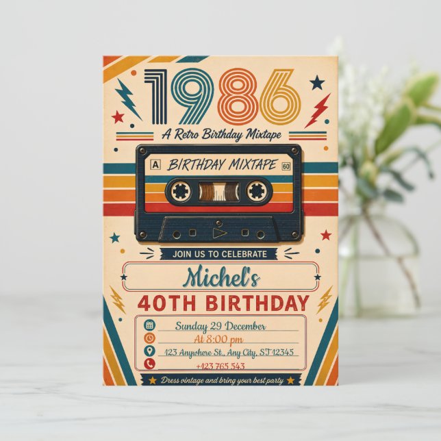 Invitación Cinta de Mezcla Retro Cumpleaños 40  (Anverso de pie)