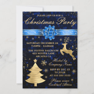 Invitación Cinta de Navidad elegante azul y dorada para fiest