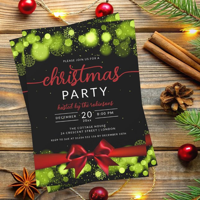 Invitación Cinta de navidades de la familia Green Winter Wond (Green Winter Wonderland Family Xmas Ribbon Invitation)