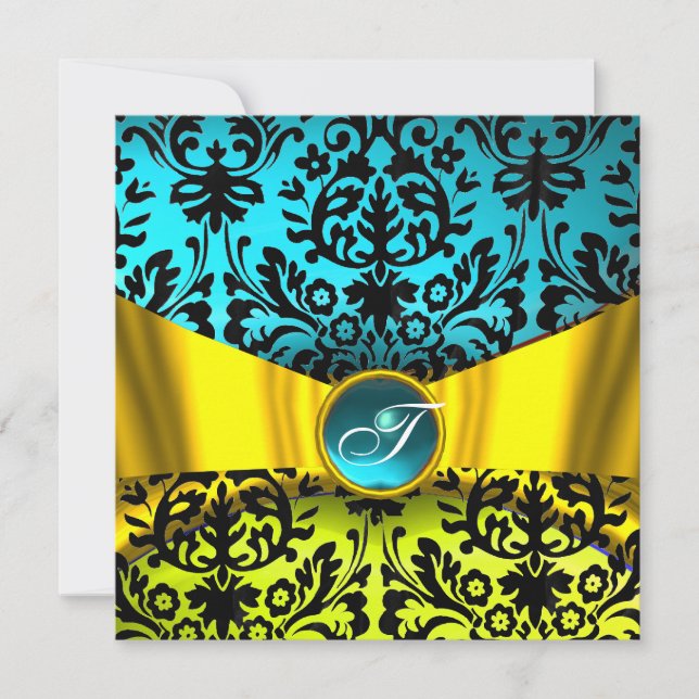 INVITACIÓN CINTA DE ORO AMARILLO AZUL TEAL NEGRO DAMASCO MONO (Anverso)