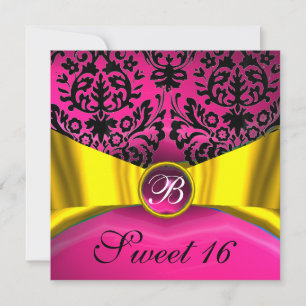 INVITACIÓN CINTA DE ORO AMARILLO DAMASCO ROSA NEGRO MONOGRAMA
