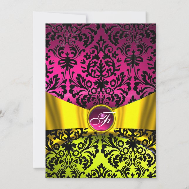 Invitación CINTA DE ORO AMARILLO FUCsia DAMASCO NEGRO MONOGRA (Anverso)