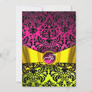 Invitación CINTA DE ORO AMARILLO FUCsia DAMASCO NEGRO MONOGRA