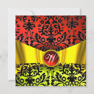 INVITACIÓN CINTA DE ORO AMARILLO ROJO NEGRO DAMASCO MONOGRAMA