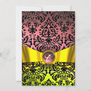 INVITACIÓN CINTA DE ORO AMARILLO ROSA NEGRO DAMASCO MONOGRAMA
