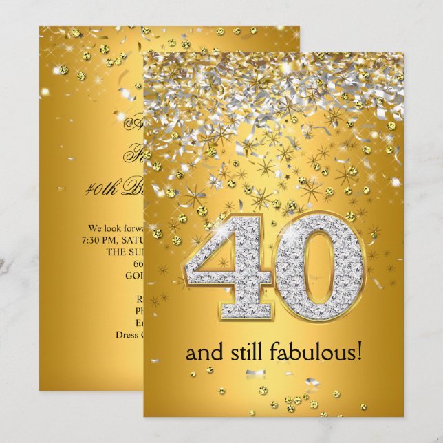 Invitación Cinta de oro y plata fabulosos 40 Cumpleaños 40 (Anverso / Reverso)