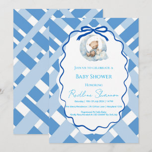 Invitación Cinta de oso de shower de bebé niño a cuadros azul
