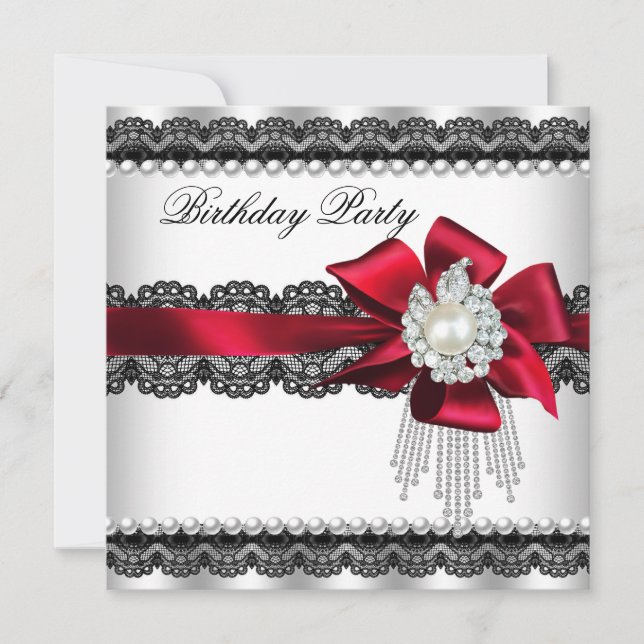 Invitación Cinta de perlas de lazo rojo Cumpleaños (Anverso)