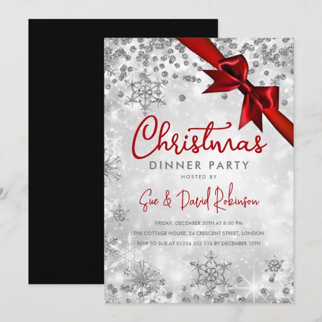 Invitación Cinta de Purpurina Rojo Plata Navidad Vacaciones d (Anverso / Reverso)