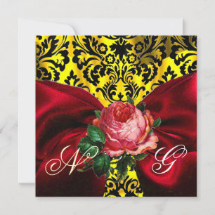 INVITACIÓN CINTA DE ROSA ROJA DAMASCO MONOGRAMA NEGRO AMARILL