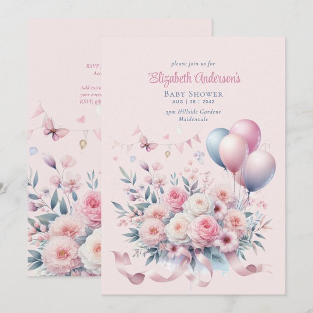 Invitación Cinta de rosas rosadas Pastel Baby Shower Elegant  (Anverso / Reverso)