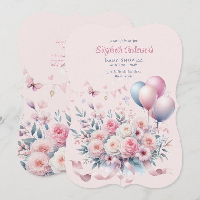 Invitación Cinta de rosas rosadas Pastel Baby Shower Elegant  (Anverso / Reverso)