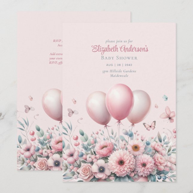 Invitación Cinta de rosas rosadas Pastel Baby Shower Elegant  (Anverso / Reverso)