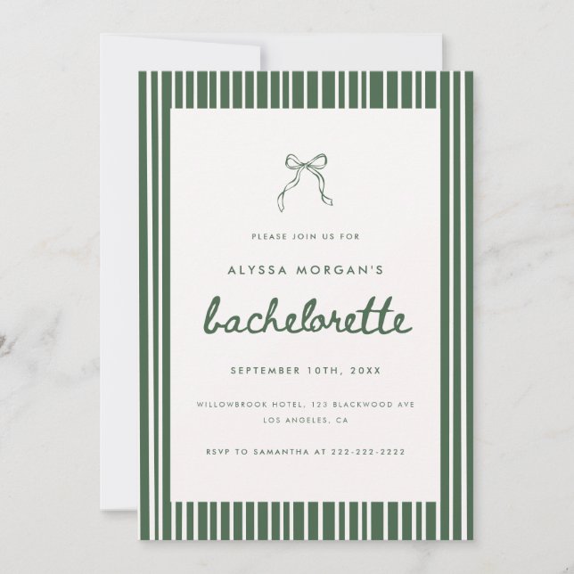 Invitación Cinta de soltera de oliva rayada Coquette (Anverso)