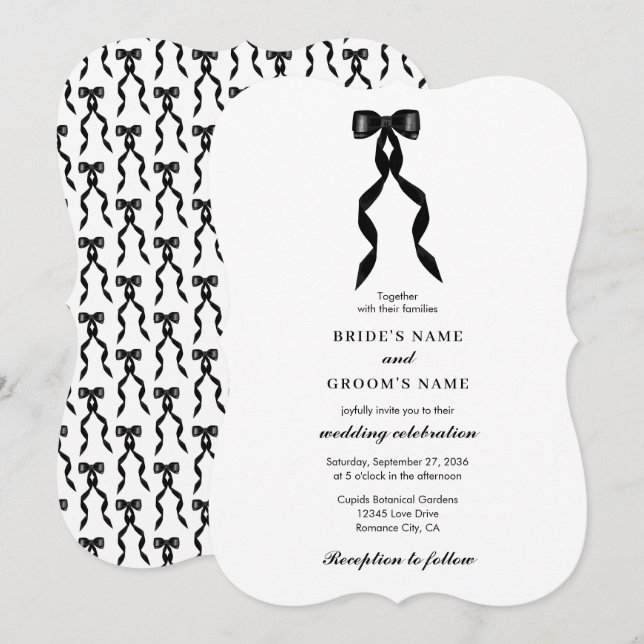 Invitación Cinta de vaca negra formal matrimonio elegante (Anverso / Reverso)