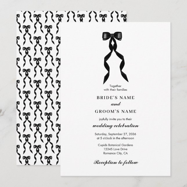 Invitación Cinta de vaca negra formal matrimonio elegante (Anverso / Reverso)