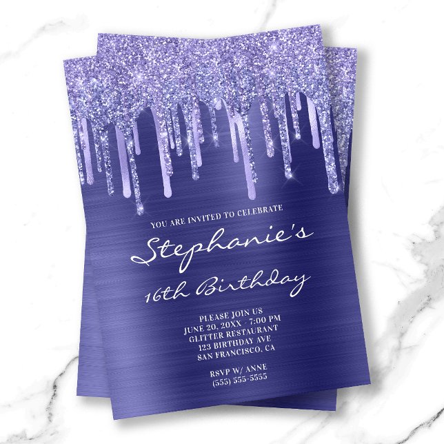 Invitación Cinta de Vinca y Cumpleaños 16 con Drip de Brillo (Periwinkle Foil and Glitter Drip 16th Birthday Invitation)
