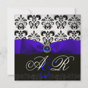 INVITACIÓN CINTA DE ZAFIRO AZUL BLANCO NEGRO DAMASCO MONOGRAM