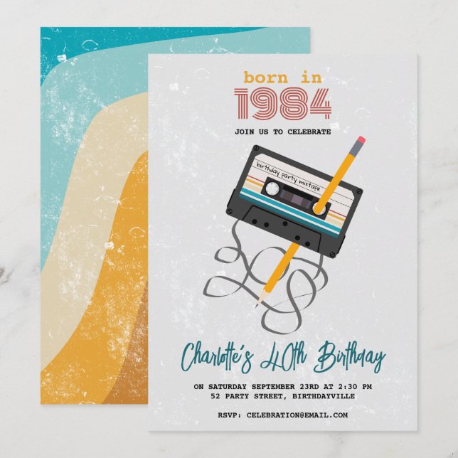 Invitación Cinta divertida de música retro cassette de 80 año (Anverso / Reverso)