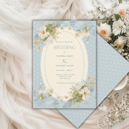 Invitación Cinta elegante floral de lunares azules boda
