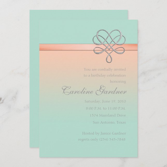 Invitación Cinta embellecida Mint y Peach (Anverso / Reverso)
