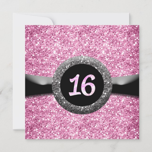 Invitación Cinta emblemática Sweet 16 con brillo rosa para in (Anverso)