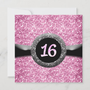 Invitación Cinta emblemática Sweet 16 con brillo rosa para in