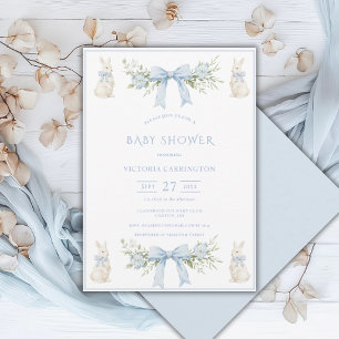 Invitación Cinta Floral Blue Bunny Baño de Bebé Vintage