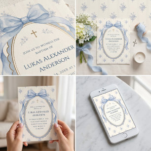 Invitación Cinta Floral Coqueta Azul Bautizo