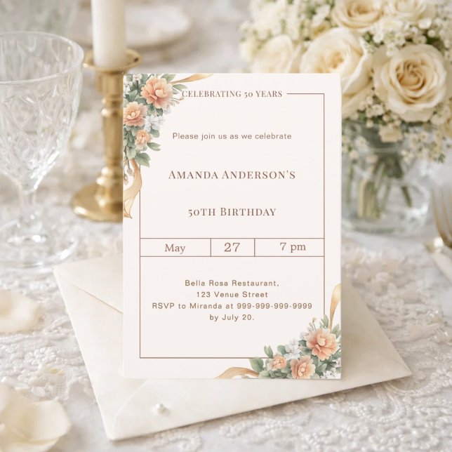 Invitación Cinta floral marfil melocotón de cumpleaños (Subido por el creador)