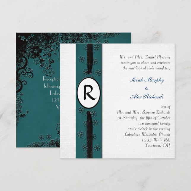 Invitación Cinta floral monograma Boda (Anverso / Reverso)