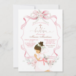 Invitación Cinta Floral Rosa Niña Rezando Bautismo