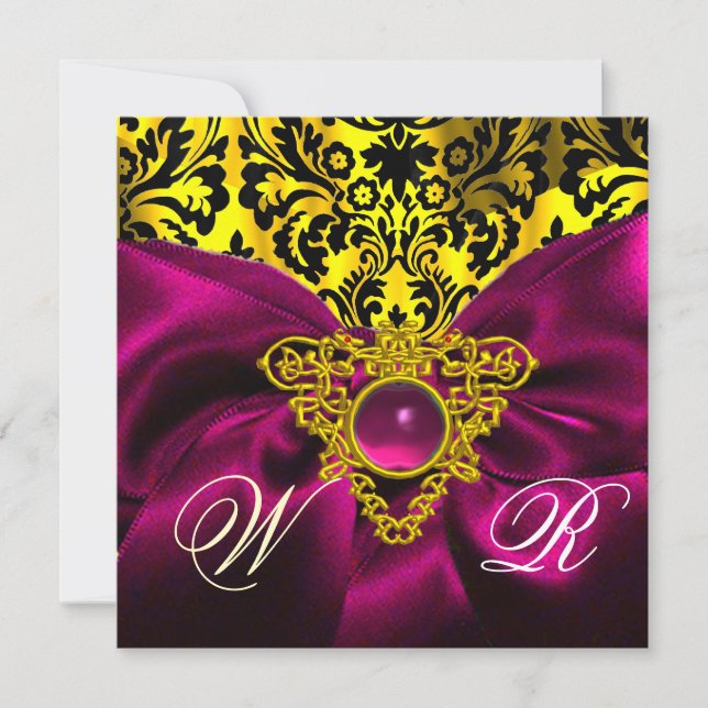 Invitación CINTA FUCsia CORAZÓN CELTA ORO MONOGRAMA DAMASCO (Anverso)