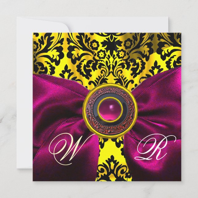 Invitación CINTA FUCsia ORO AMARILLO  NEGRO  DAMASCO MONOGRAM (Anverso)