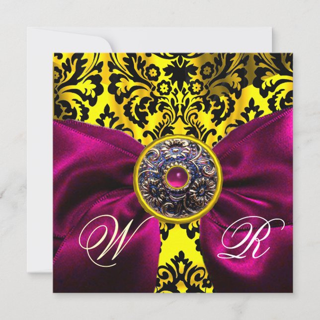 Invitación CINTA FUCsia ORO AMARILLO  NEGRO  DAMASCO MONOGRAM (Anverso)