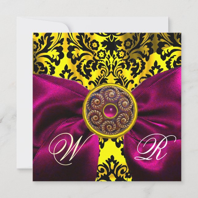 Invitación CINTA FUCsia ORO AMARILLO  NEGRO  DAMASCO MONOGRAM (Anverso)