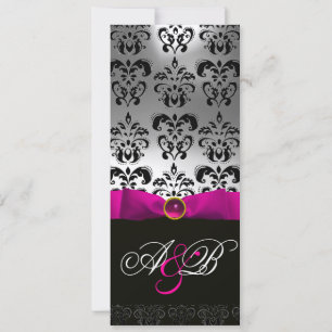 Invitación CINTA FUCsia ROSA MONOGRAMA DAMASCO NEGRO BLANCO