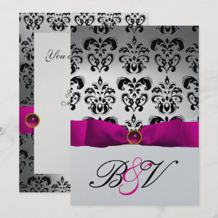 Invitación CINTA FUCsia ROSA MONOGRAMA DAMASCO PLATA NEGRO