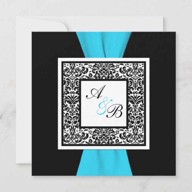 Invitación Cinta IMPRESA de Damasco blanco y negro (Anverso)