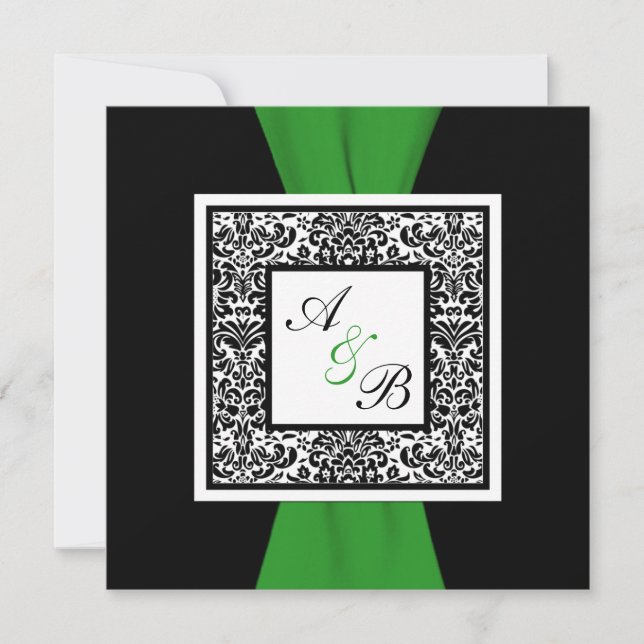 Invitación CINTA IMPRESA verde negro del damasco, blanco (Anverso)