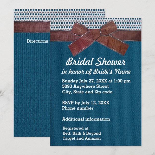 Invitación Cinta Marrón, Lace, Azul Burlap Ducha Británica In (Anverso / Reverso)