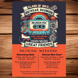Invitación Cinta mixta Retro Funky de 50 años de secundaria