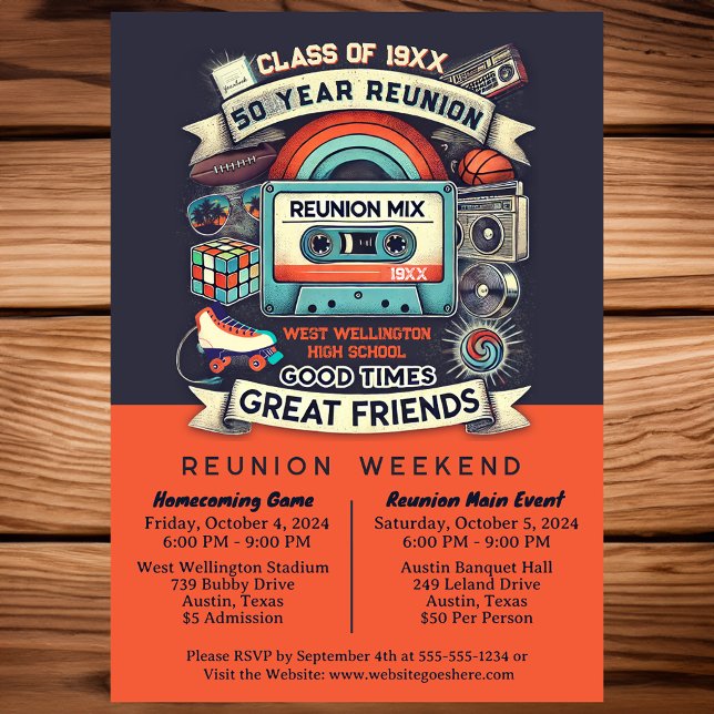 Invitación Cinta mixta Retro Funky de 50 años de secundaria (Subido por el creador)