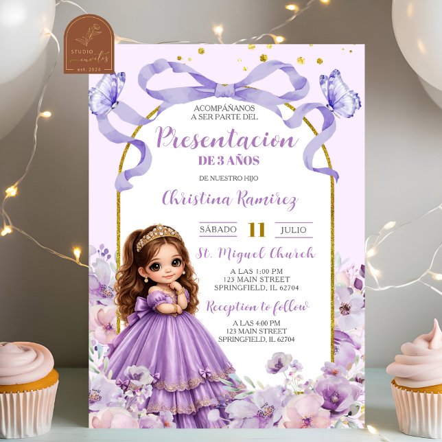 Invitación Cinta Morada Coqueta Presentación de 3 años  (Subido por el creador)