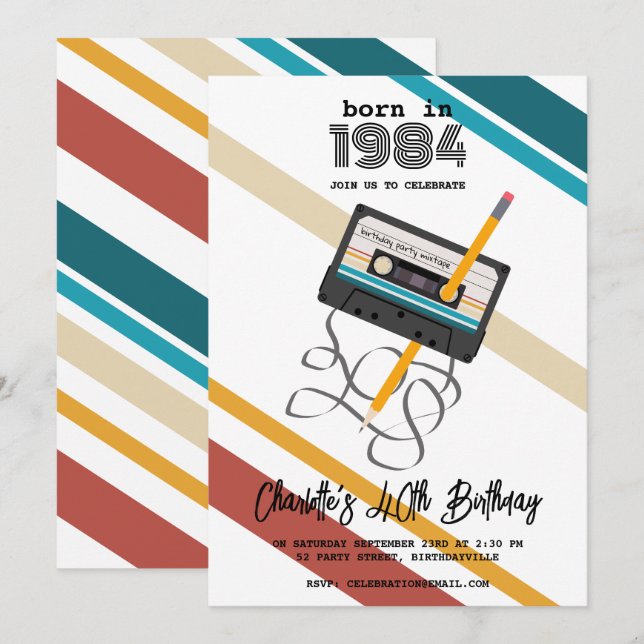Invitación Cinta Music Retro Cassette de los años 80 40 cumpl (Anverso / Reverso)